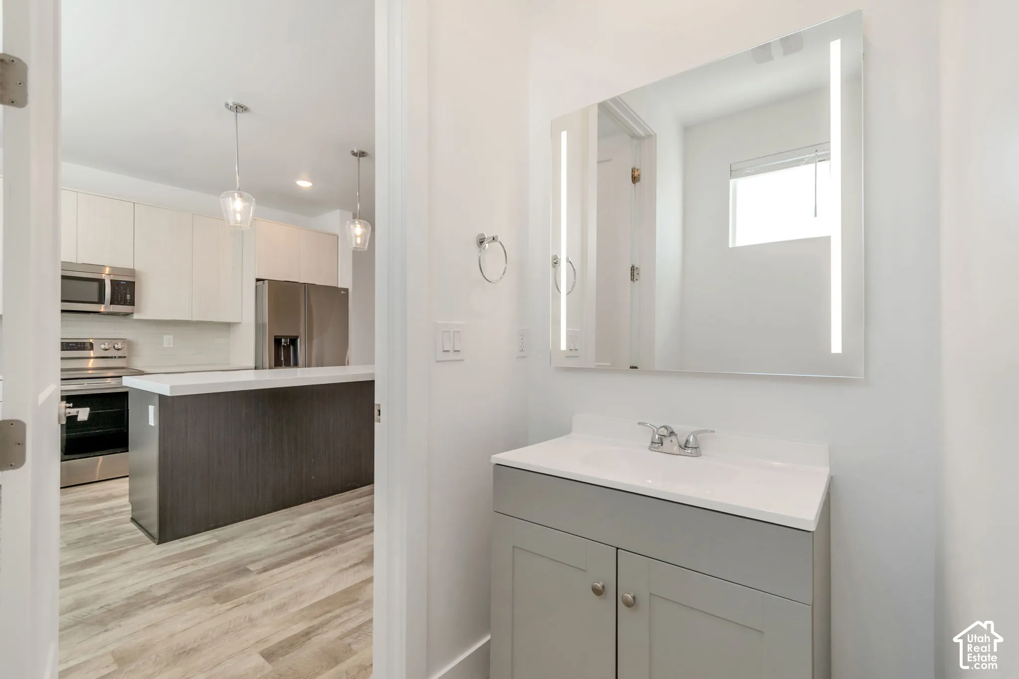 Powder room featuring a gray shaker-style vanity with a white countertop and an integrated LED-lighted mirror, paired with wood-finish flooring
