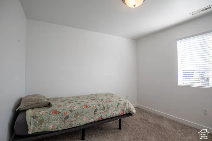 Neutral-toned carpeting, white walls, and a window featuring horizontal blinds
