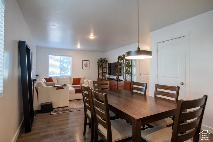 Wood-finish flooring, recessed lighting, and a modern circular pendant light fixture