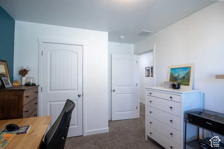 Neutral-toned wall paint with a deep blue accent wall, two-panel arched interior doors, and wall-to-wall carpeting