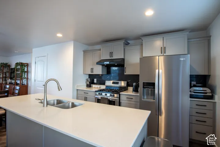 Kitchen featuring a central island with a quartz countertop and dual-basin stainless steel sink, Shaker-style cabinetry, matte black hardware, stainless steel appliances, and a black subway tile backsplash
