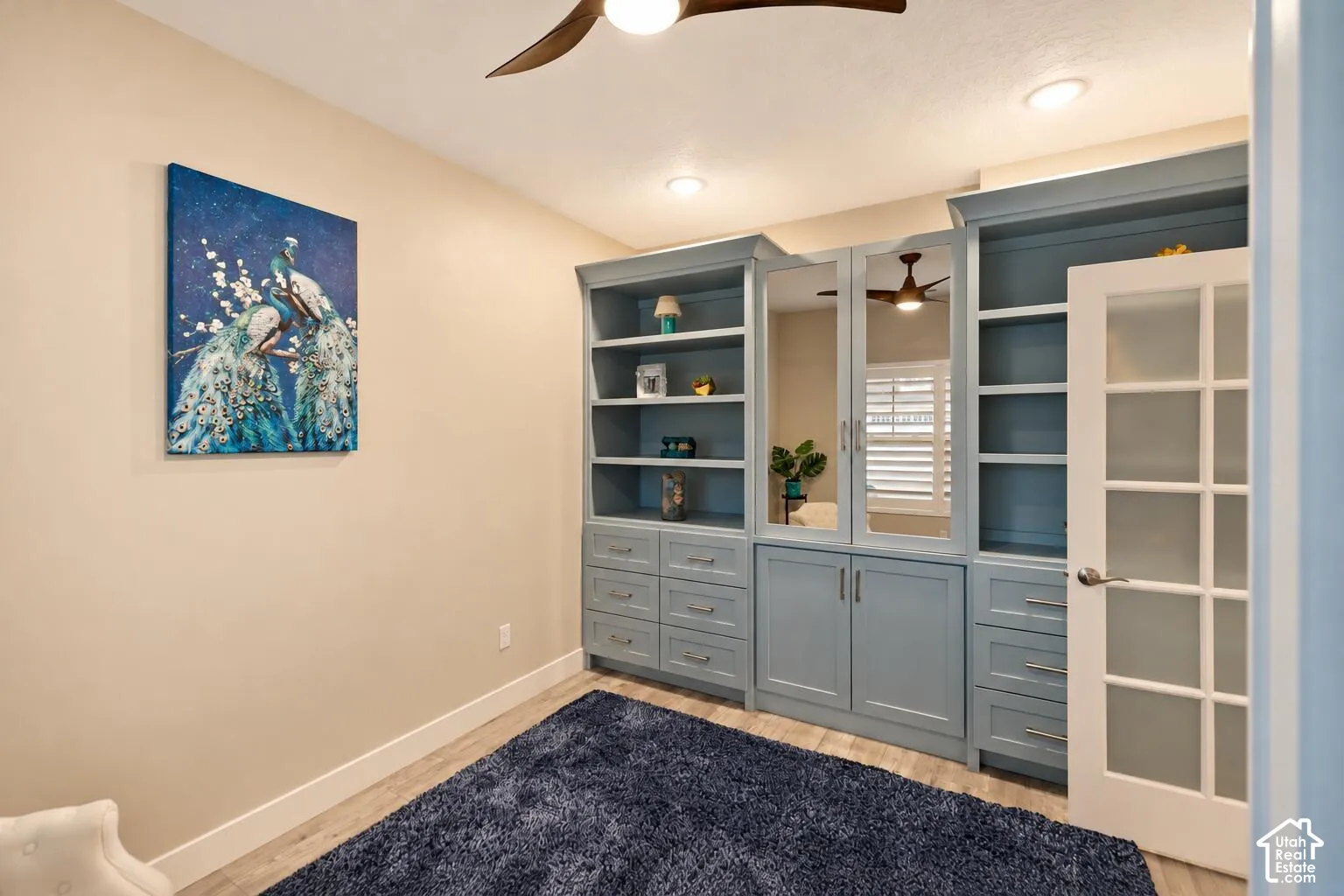 Custom blue built-in cabinetry featuring integrated shelving, lower storage drawers, and mirrored cabinet doors, complemented by a white 10-pane glass panel door, wood-finish flooring, and a modern ceiling fan