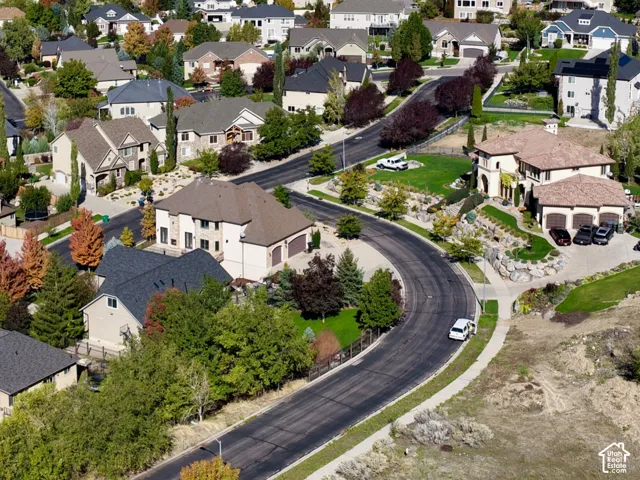 Aerial perspective of the residential area featuring a mountainous backdrop, mature tree canopy, and paved winding street infrastructure