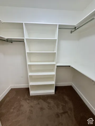 Bedroom 5 Walk-in closet featuring white built-in shelving, multi-level hanging rods, and carpeted flooring