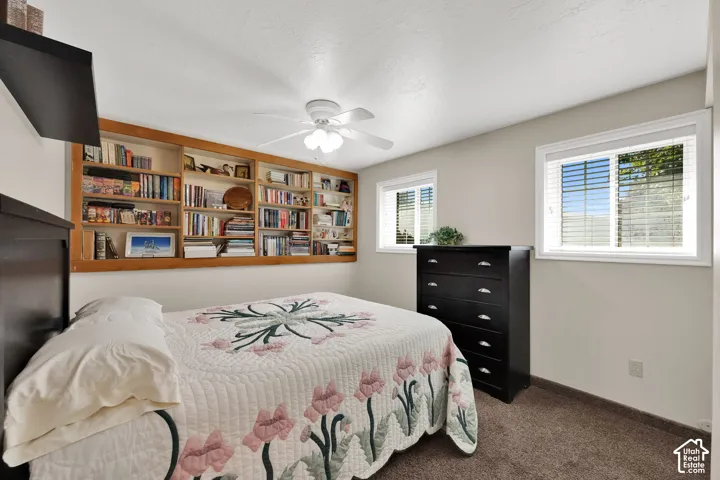 Built-in wood shelving, dual windows with horizontal blinds, neutral carpeted flooring, and a ceiling-mounted light fixture