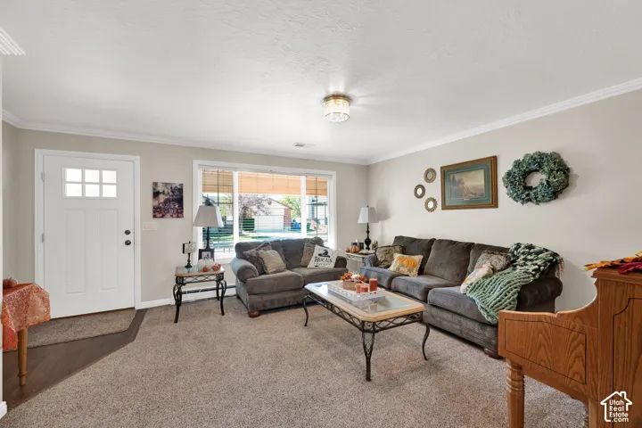 Neutral-toned interior featuring crown molding, a large picture window, a solid-paneled exterior door with glass inserts, and wood-finish flooring at the entry
