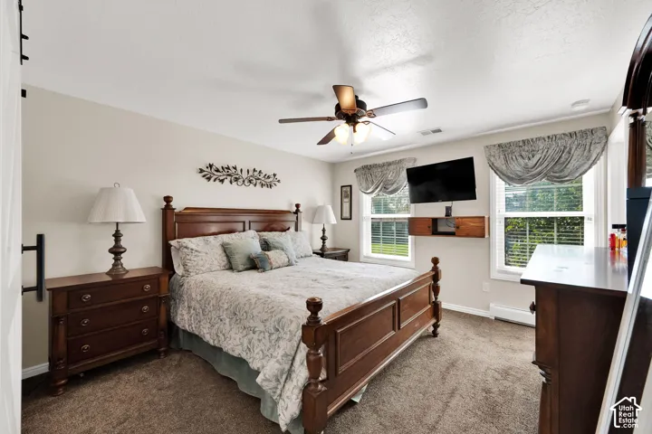 Neutral-toned bedroom featuring wall-to-wall carpeting, a central ceiling fan with integrated lighting, dual windows with decorative treatments, and a wall-mounted floating shelf