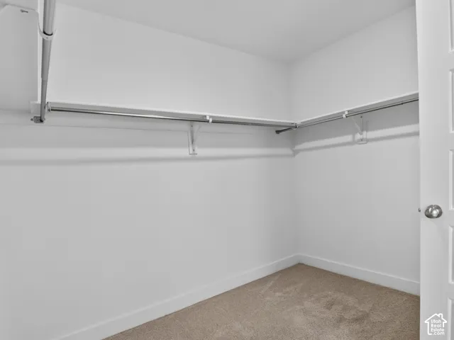 Walk-in closet featuring neutral carpeting and built-in metal shelving with integrated clothing rods