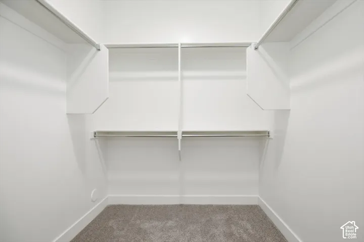 Walk-in closet featuring white built-in shelving, dual-tier metal hanging rods, and neutral carpeting