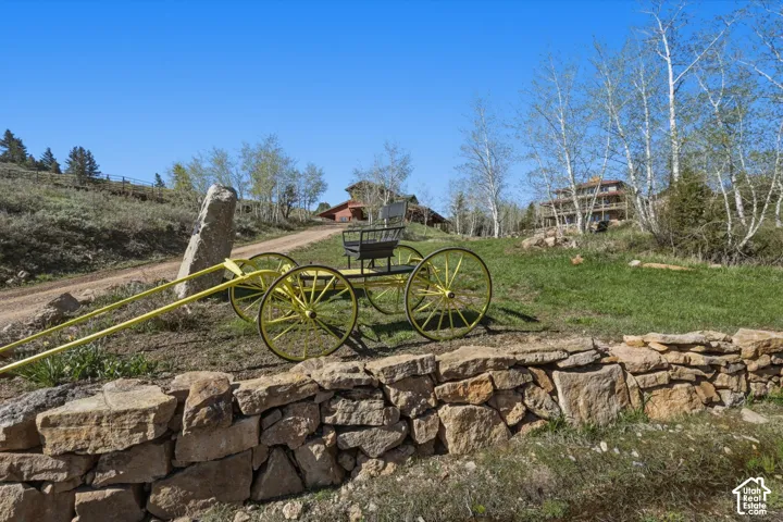 Expansive acreage featuring a natural stone retaining wall, mature trees, and a dirt access path