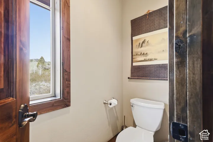 Bathroom featuring stained wood door and window casing, white toilet, and metallic hardware