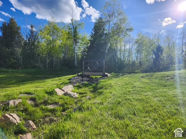 Landscaped grounds featuring a metal footbridge, natural stone rockery, manicured lawn, and mature trees