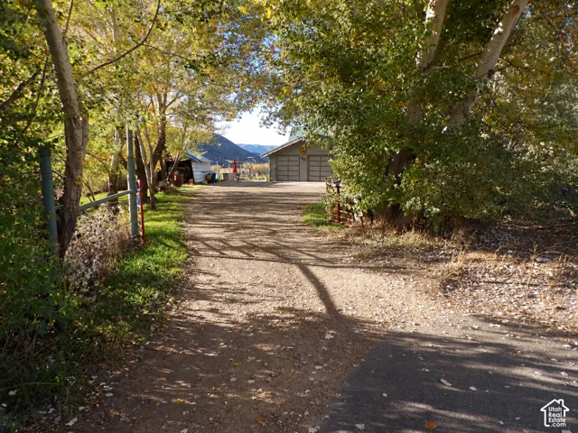 Gravel driveway lined with mature deciduous trees leading to a two-car detached garage, accented by mountain scenery