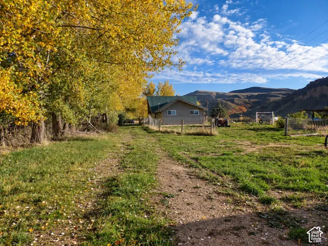 Expansive lot featuring mature foliage, a dirt path, mountain backdrop, and a single-story structure with a gable roof
