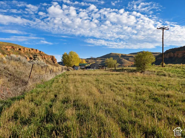 Expansive acreage featuring native grasses, mature deciduous trees, wire fencing, and surrounding mountainous topography