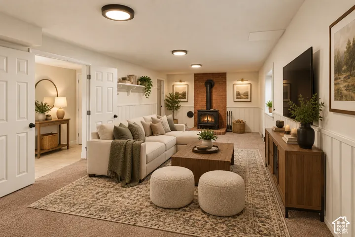Virtually staged. Interior room featuring a wood-burning stove with brick surround, white wainscoting, flush-mount lighting, and wall-mounted picture lights