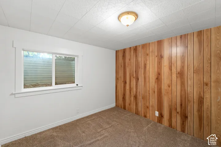 Room featuring wood-paneled accent wall, neutral carpeting, white trim, sliding window, and flush-mount ceiling light