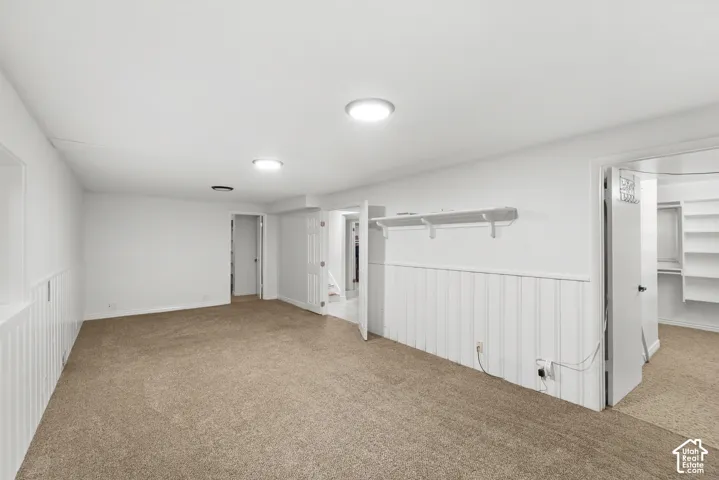 Interior space featuring neutral-toned carpeting, vertical wall wainscoting, flush-mount lighting, and a walk-in storage area with built-in shelving