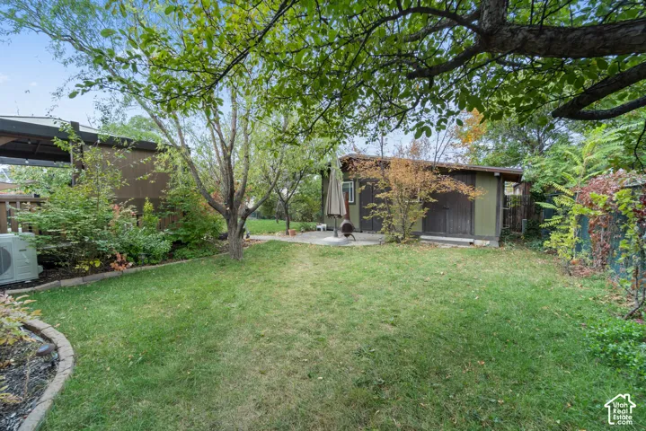 Backyard featuring a grass lawn, paved patio area, mature trees, and an exterior storage structure with double doors