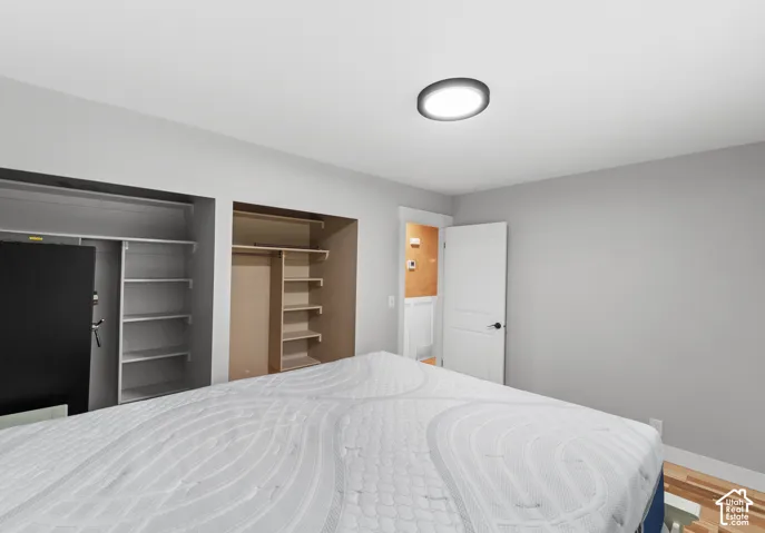 Room featuring light gray walls, wood-finish flooring, dual built-in closets with integrated shelving, and a flush-mount circular LED light fixture