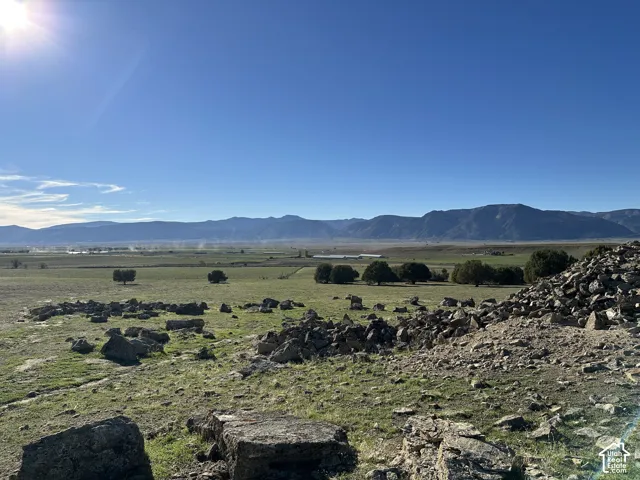 Expansive acreage featuring natural rock outcroppings, scattered mature vegetation, and a backdrop of mountain ranges