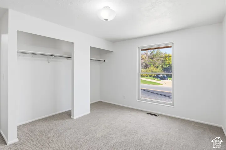 Interior space featuring wall-to-wall carpeting, dual reach-in closets with integrated shelving, and a single-pane window