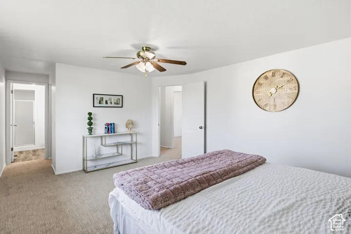 Neutral-toned carpeted flooring, multi-panel interior doors, and a ceiling-mounted light fixture with a multi-blade fan