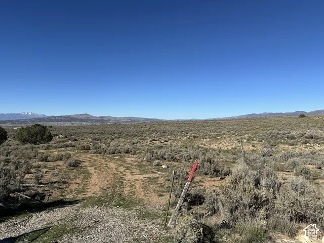 Expansive desert landscape featuring native vegetation, unpaved terrain, and prominent mountain backdrop