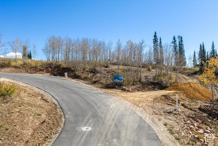 Vacant lot featuring paved road access, mature aspen trees, coniferous forest, and natural topography