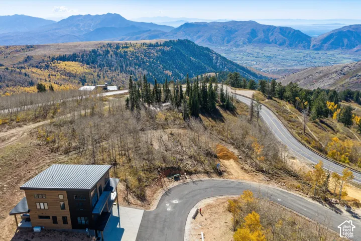 Multi-level residence featuring horizontal wood-finish siding, a metal roof, large-pane windows, and a paved driveway, set against a mountainous backdrop