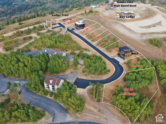 Aerial overview of residential lots featuring paved asphalt roadways, mountainous topography, mature aspen trees, and proximity to mountain resort infrastructure