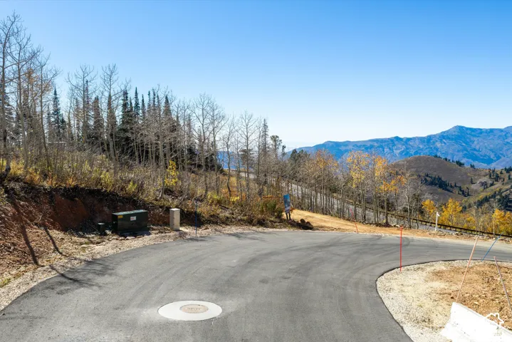 Paved cul-de-sac lot featuring mature aspen and pine trees, mountainous terrain, and utility access