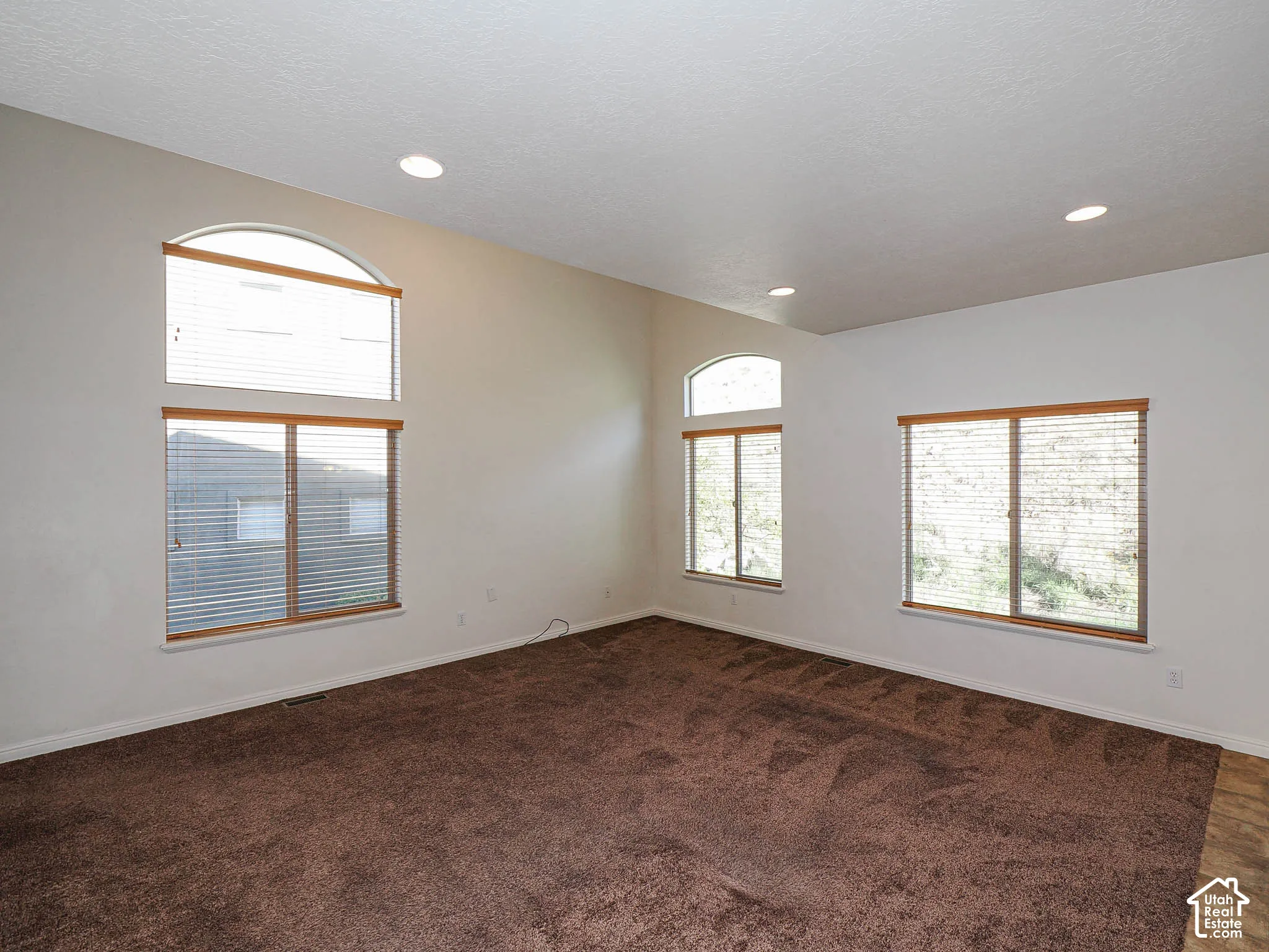 Spacious room featuring vaulted ceilings, recessed lighting, carpeted flooring, and multiple windows including arched accents
