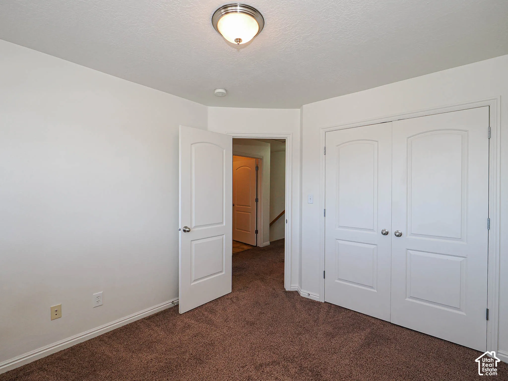 Room featuring plush wall-to-wall carpeting, white-finished interior doors with arched panels, and a ceiling-mounted dome light fixture