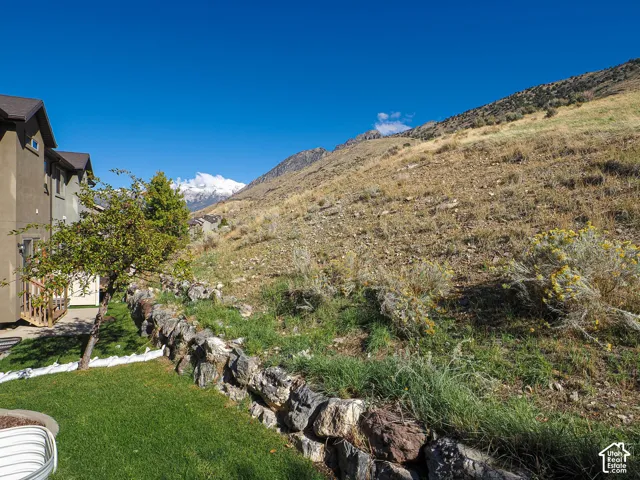 Exterior side yard featuring a stone retaining wall, grass lawn, mature deciduous tree, and mountain backdrop