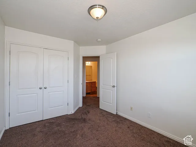 Room featuring textured carpeting, neutral wall color, double-panel closet doors, and a central flush-mount ceiling light fixture
