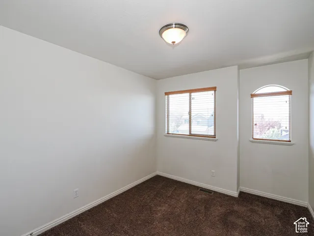 Interior room featuring neutral wall paint, brown carpeting, a flush-mount ceiling light fixture, a standard rectangular window, and an arched window