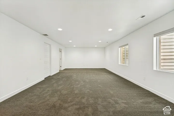 Spacious room featuring neutral carpeting, recessed ceiling lighting, and two multi-pane windows with fitted blinds