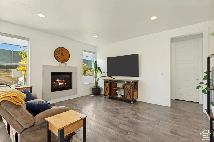 Living area featuring wood-finish flooring, recessed lighting, and a fireplace with a concrete-finish surround