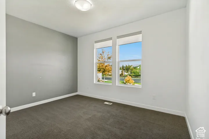 Interior room featuring gray wall-to-wall carpeting, an accent wall in a neutral gray tone, dual windows with roller shades, and a flush-mount ceiling light fixture