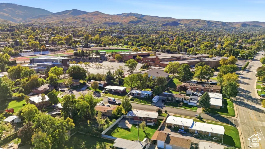 Aerial perspective featuring mature trees, established residential landscape, and mountainous horizon