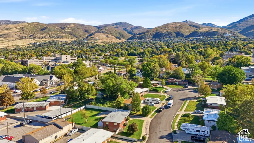 Aerial perspective of the residential area featuring mature trees, paved streets, and a prominent mountain range backdrop