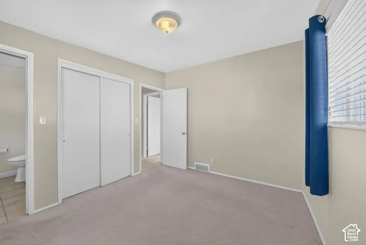 Neutral-toned interior featuring wall-to-wall carpeting, sliding-door closet, flush-mount ceiling lighting, and horizontal window blinds