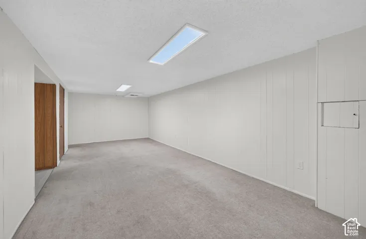Interior room featuring wall-to-wall carpeting, vertical wood paneling, dual recessed light fixtures, and built-in closet cabinetry