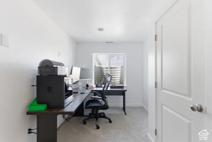 Neutral-toned interior space featuring light-colored wall-to-wall carpeting, a single-panel interior door with brushed nickel hardware, and a single-pane window with a corrugated metal window well