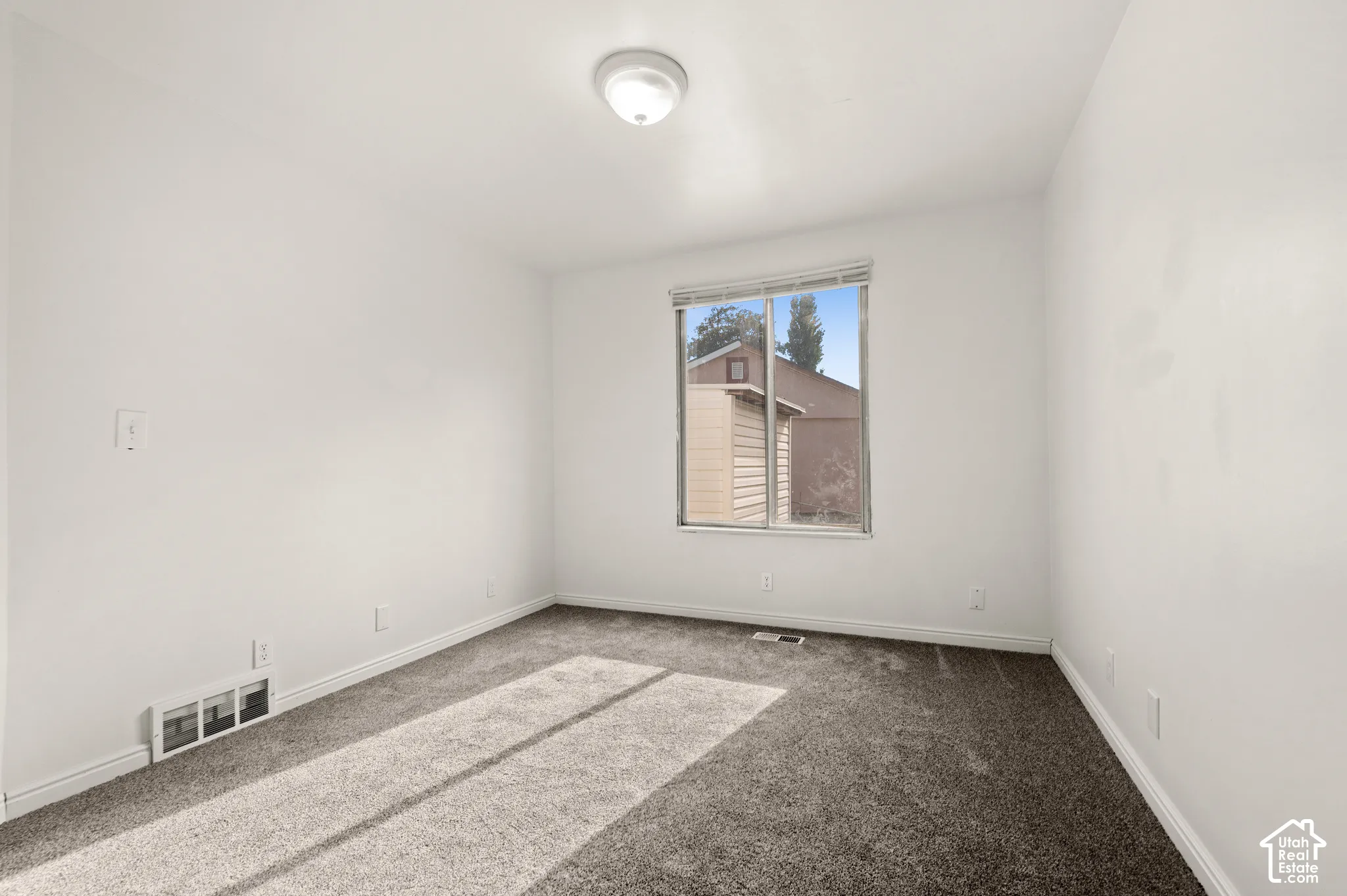 Neutral-toned wall-to-wall carpeting, single-pane sliding window with horizontal blinds, and flush-mount overhead lighting