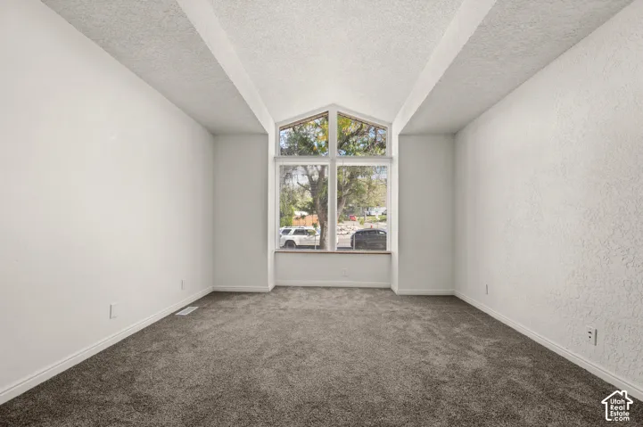 Vaulted ceiling with an architectural peak, wall-to-wall carpeting, and a prominent floor-to-ceiling window configuration