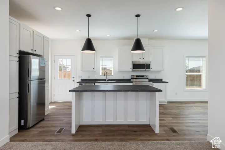 Kitchen featuring white shaker-style cabinetry, matte black pendant lighting, a central island with dark countertops, stainless steel appliances, and wood-finish flooring