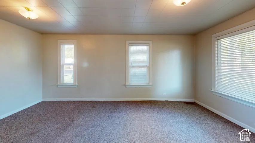 Room featuring neutral wall tones, textile flooring, dual flush-mount ceiling light fixtures, and windows equipped with horizontal blinds
