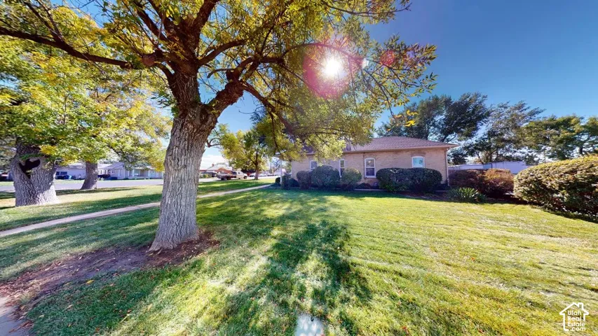 Single-story brick exterior residence featuring a spacious lawn, mature trees, and established landscaping